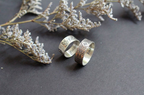 Destiny, engraved bohemian nature wedding bands in sterling silver