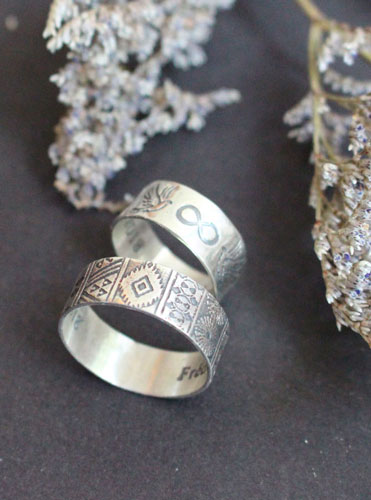 Destiny, engraved wedding rings, bohemian nature ring in silver