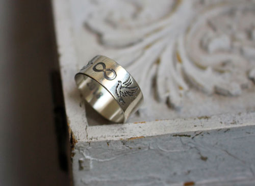 Destiny, engraved wedding rings, bohemian nature ring in silver