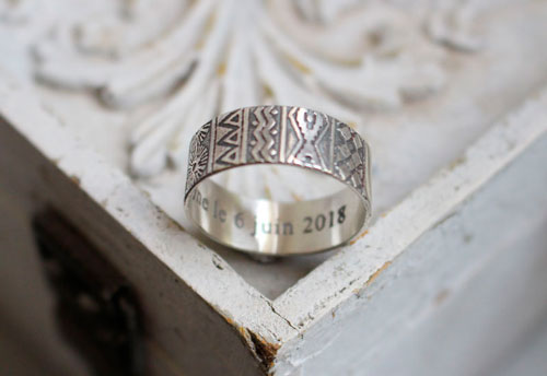Destiny, engraved bohemian nature wedding bands in sterling silver