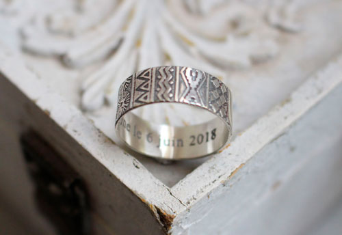 Destiny, engraved wedding rings, bohemian nature ring in silver