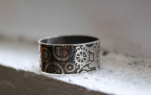 Dr Jekyll, steampunk mechanic clock ring in sterling silver