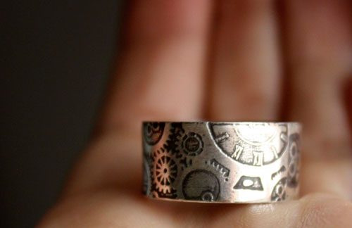 Dr Jekyll, steampunk mechanic clock ring in sterling silver
