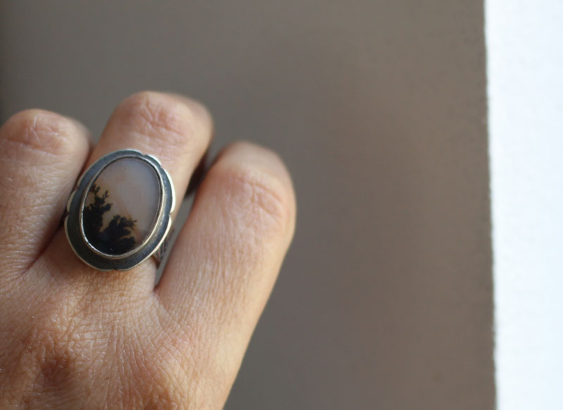 Dusk flowers, flower landscape ring in sterling silver and dendritic agate