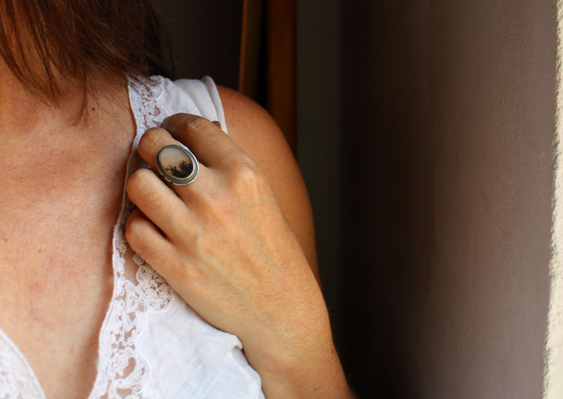 Dusk flowers, flower landscape ring in sterling silver and dendritic agate