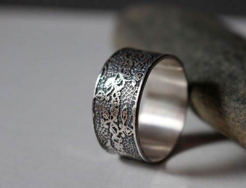 Embroidery, etched lace ring in sterling silver