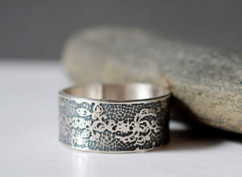 Embroidery, etched lace ring in sterling silver