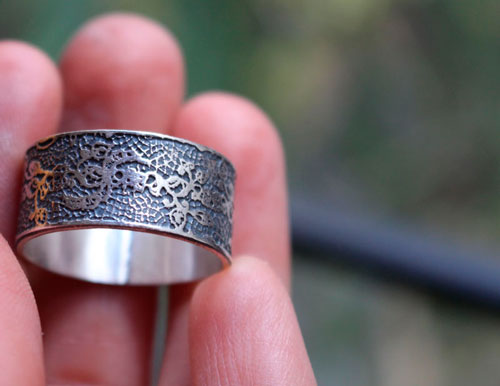 Embroidery, etched lace ring in sterling silver