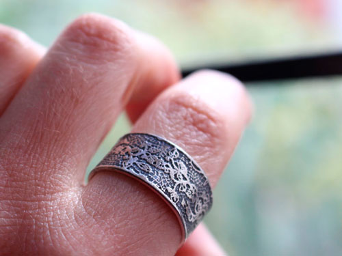 Embroidery, etched lace ring in sterling silver