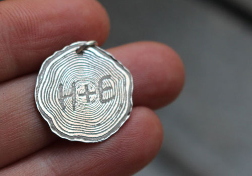 Engraved tree, initial in tree vein pattern pendant in sterling silver