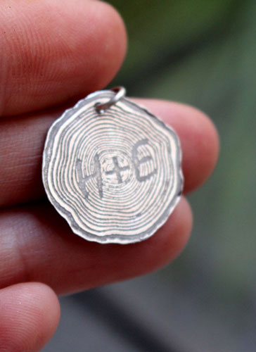 Engraved tree, initial in tree vein pattern pendant in sterling silver