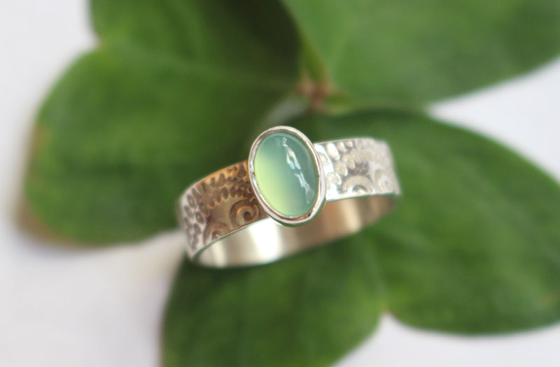 Filicophyta, fern etched ring in sterling silver and chrysoprase