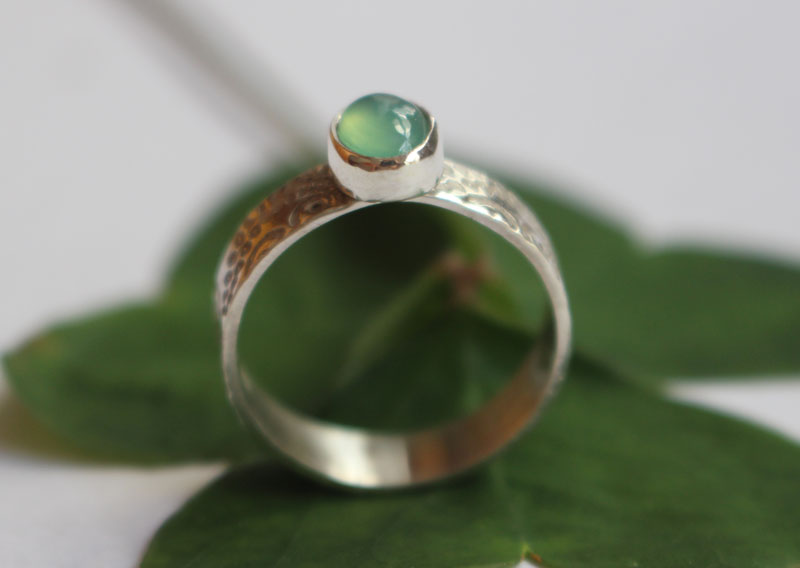 Filicophyta, fern etched ring in sterling silver and chrysoprase