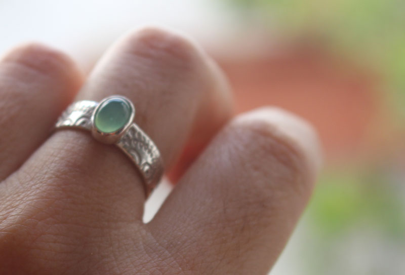 Filicophyta, fern etched ring in sterling silver and chrysoprase