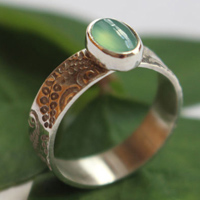 Filicophyta, fern etched ring in sterling silver and chrysoprase