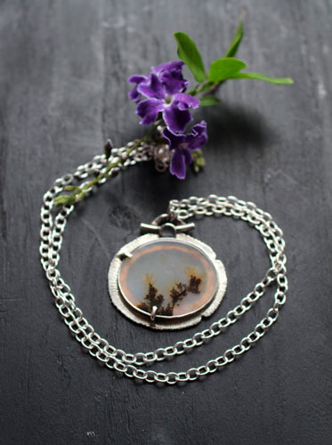 Flowers in winter, landscape necklace in sterling silver and dendritic agate