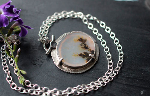 Flowers in winter, landscape necklace in sterling silver and dendritic agate