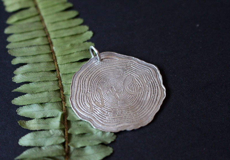 Forever, engraved commemorative tree slice pendant in sterling silver