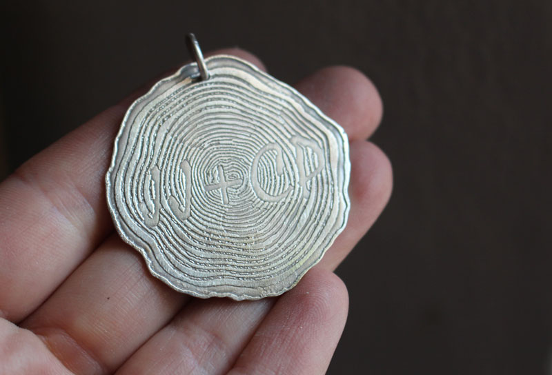 Forever, engraved commemorative tree slice pendant in sterling silver