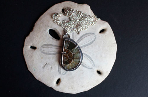 From the bottom of the ocean, fossil ammonite necklace in sterling silver