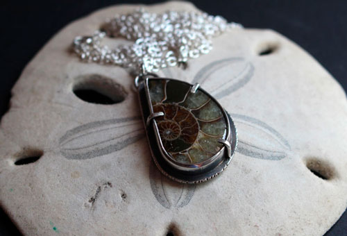 From the bottom of the ocean, fossil ammonite necklace in sterling silver