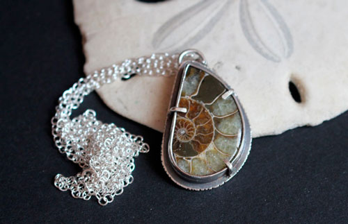 From the bottom of the ocean, fossil ammonite necklace in sterling silver