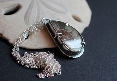 From the bottom of the ocean, fossil ammonite necklace in sterling silver