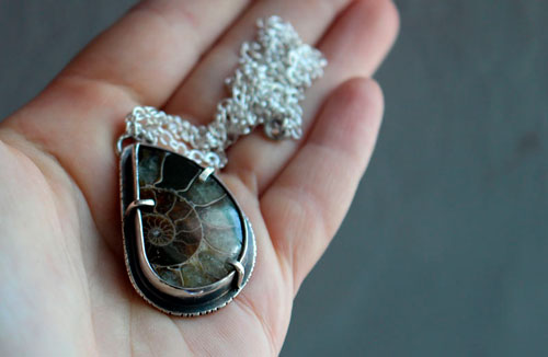 From the bottom of the ocean, fossil ammonite necklace in sterling silver