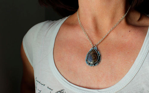 From the heart of the sea, underwater fauna necklace in sterling silver and ammonite 