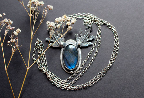 Frost leaves, leaf necklace in sterling silver and labradorite