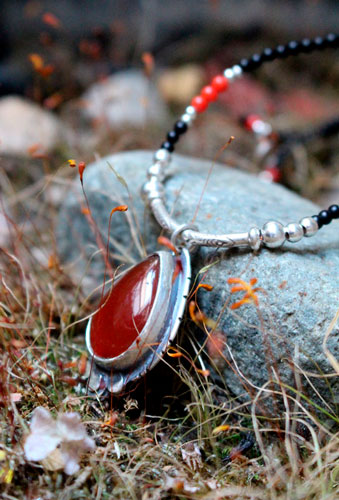 Garance, sterling silver, coral, carnelian and agate necklace