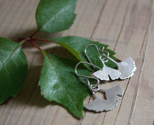 Ginkgo biloba, vegetal leaf earrings in sterling silver