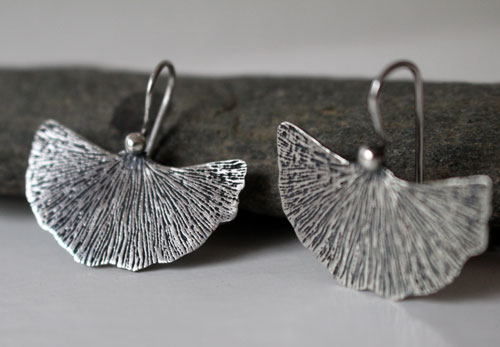 Ginkgo leaf, medical plant earrings in sterling silver