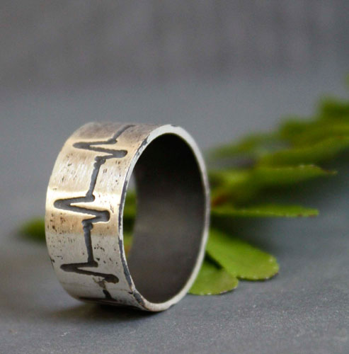 Heartbeat, lifeline ring in sterling silver