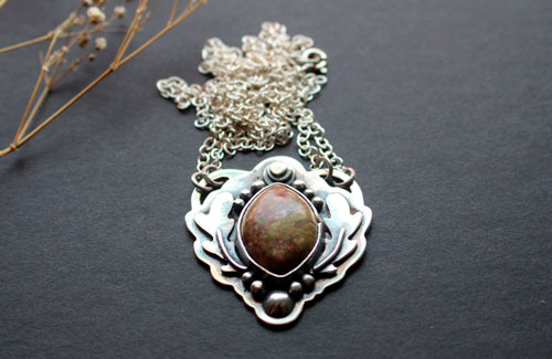 In the hollow of the oak tree, oak leaf necklace in sterling silver and autumn jasper