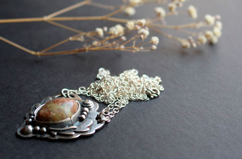 In the hollow of the oak tree, oak leaf necklace in sterling silver and autumn jasper
