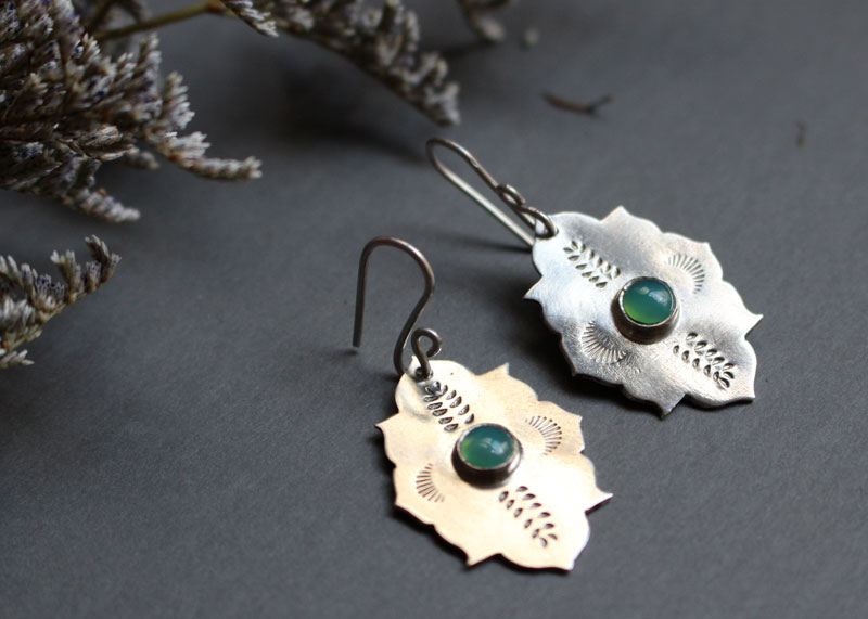 Kirakee, oriental Moorish architecture earrings in sterling silver and chrysoprase