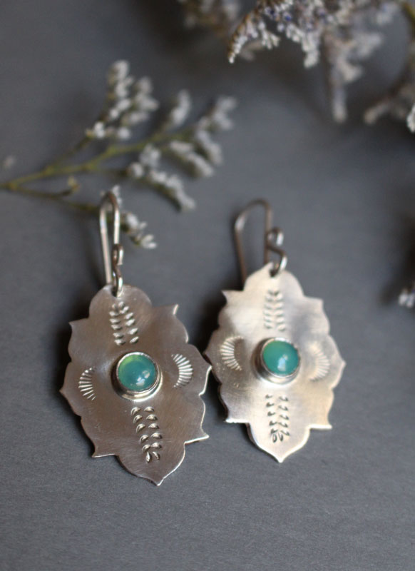 Kirakee, oriental Moorish architecture earrings in sterling silver and chrysoprase