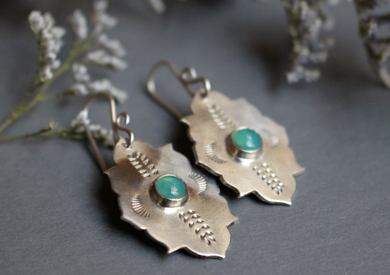 Kirakee, oriental Moorish architecture earrings in sterling silver and chrysoprase