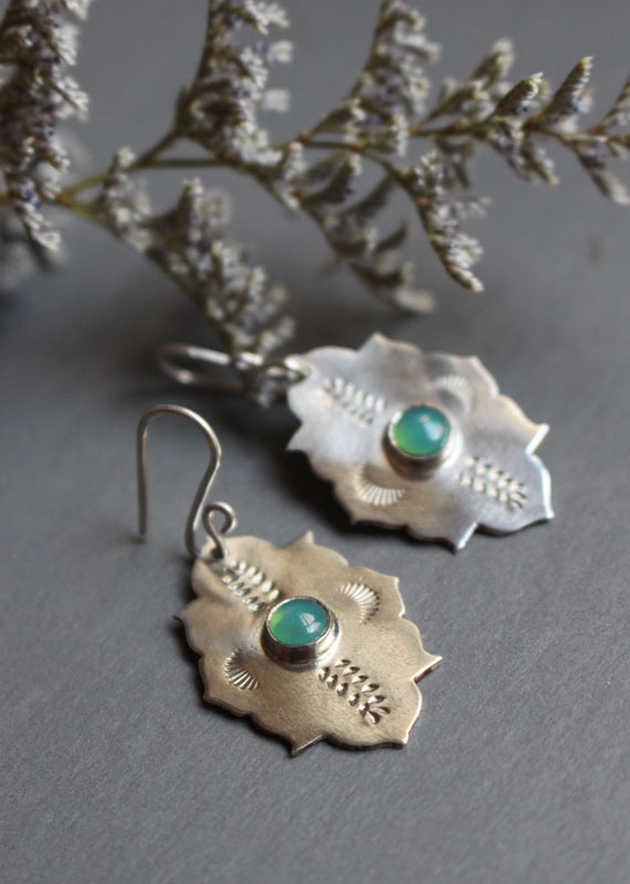 Kirakee, oriental Moorish architecture earrings in sterling silver and chrysoprase