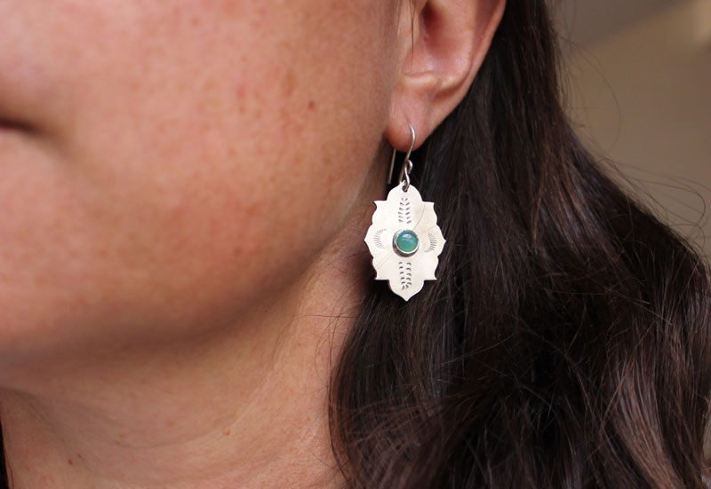 Kirakee, oriental Moorish architecture earrings in sterling silver and chrysoprase