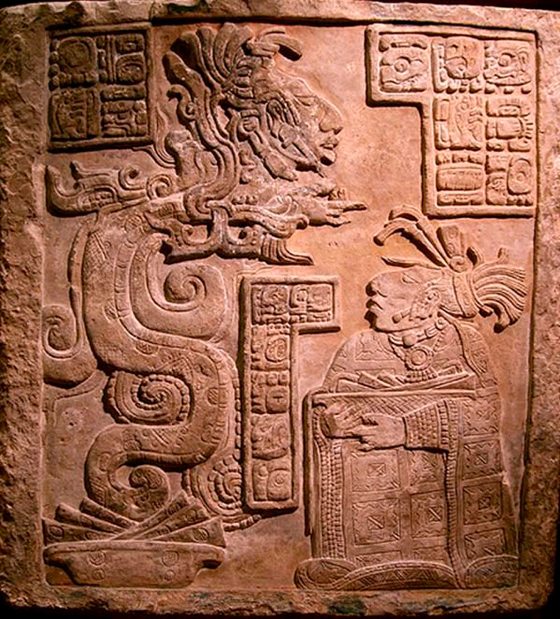 Vision serpent stele, kukulkan, at yaxchilan site, mexico