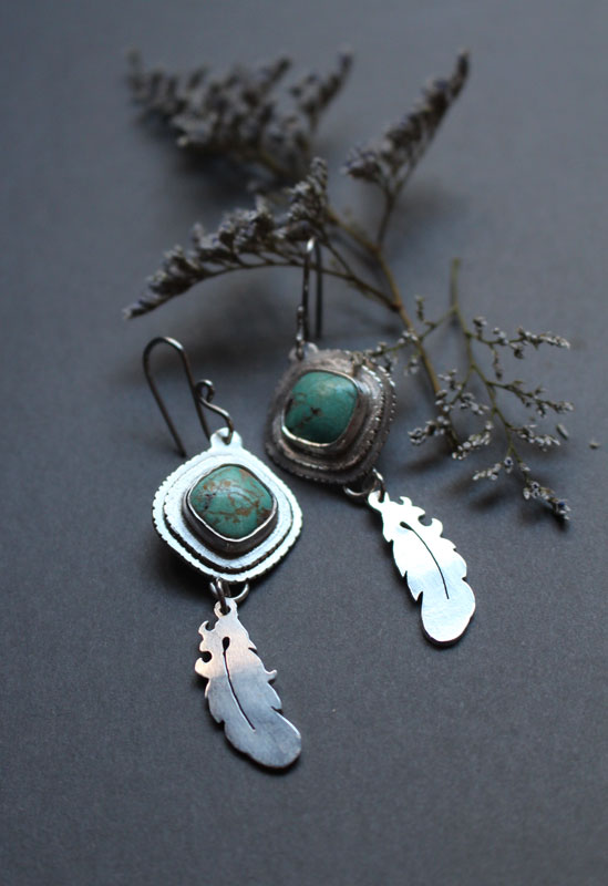 Learning to fly, feather earrings in sterling silver and turquoise