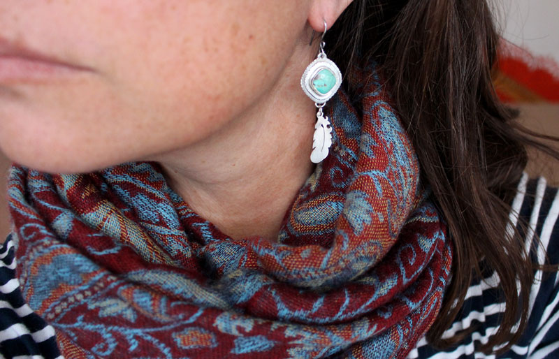 Learning to fly, feather earrings in sterling silver and turquoise