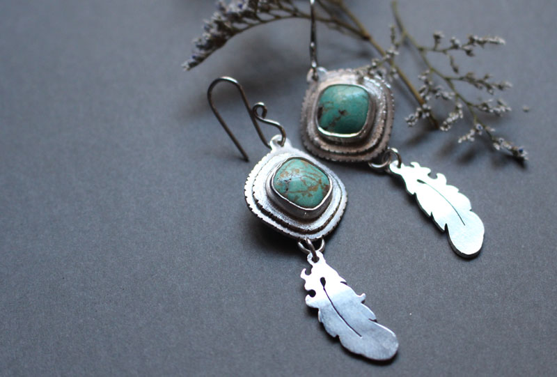 Learning to fly, feather earrings in sterling silver and turquoise