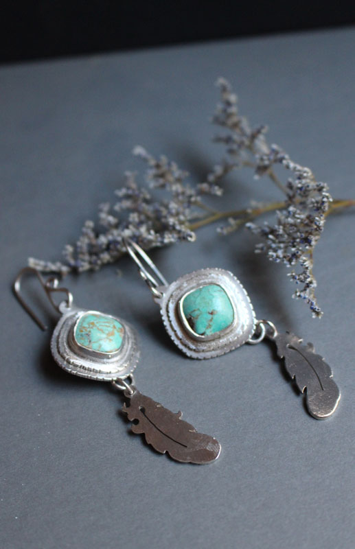 Learning to fly, feather earrings in sterling silver and turquoise