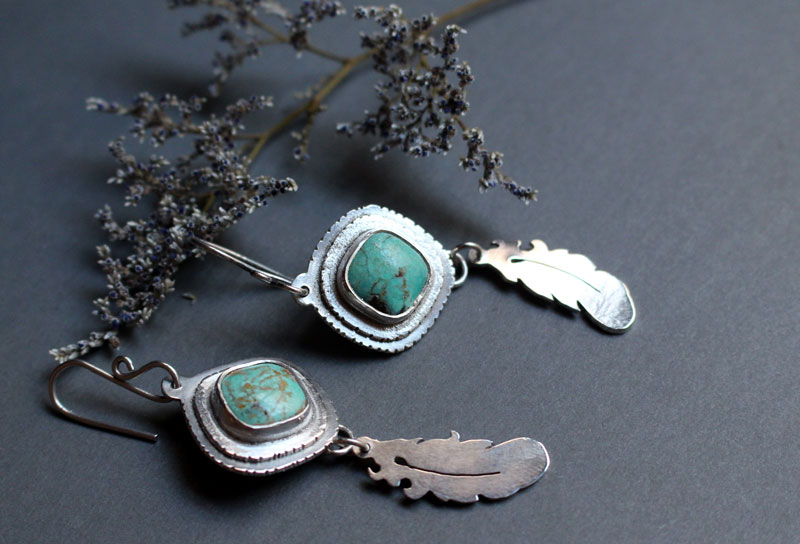 Learning to fly, feather earrings in sterling silver and turquoise