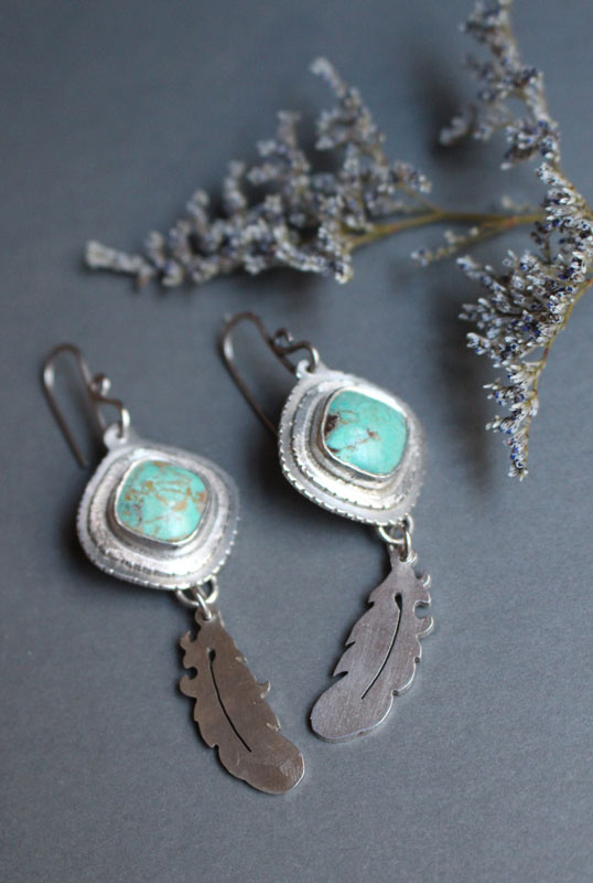 Learning to fly, feather earrings in sterling silver and turquoise