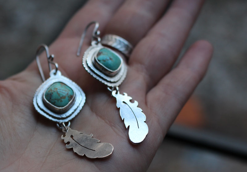 Learning to fly, feather earrings in sterling silver and turquoise