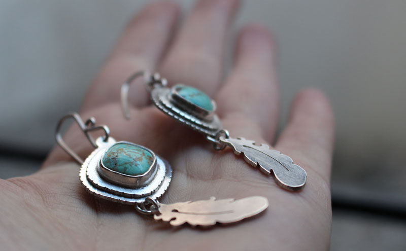 Learning to fly, feather earrings in sterling silver and turquoise